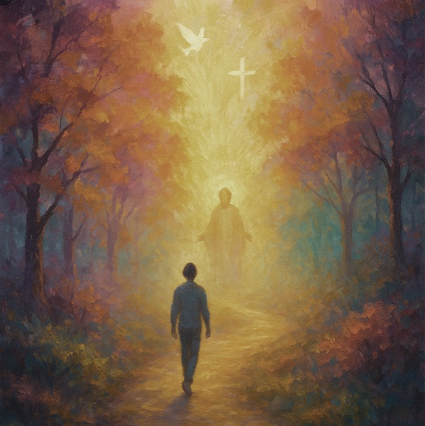 Illustration of a person walking along a forest path toward a radiant figure of Christ, with a cross and dove shining overhead.