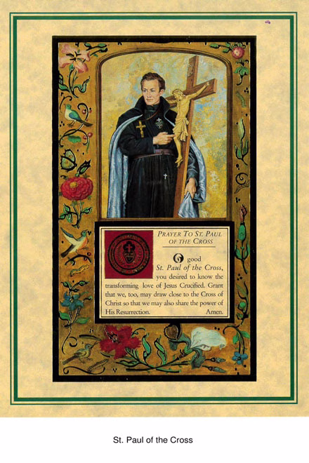 Illustration of St. Paul of the Cross holding a crucifix, framed by decorative floral artwork and an accompanying prayer.