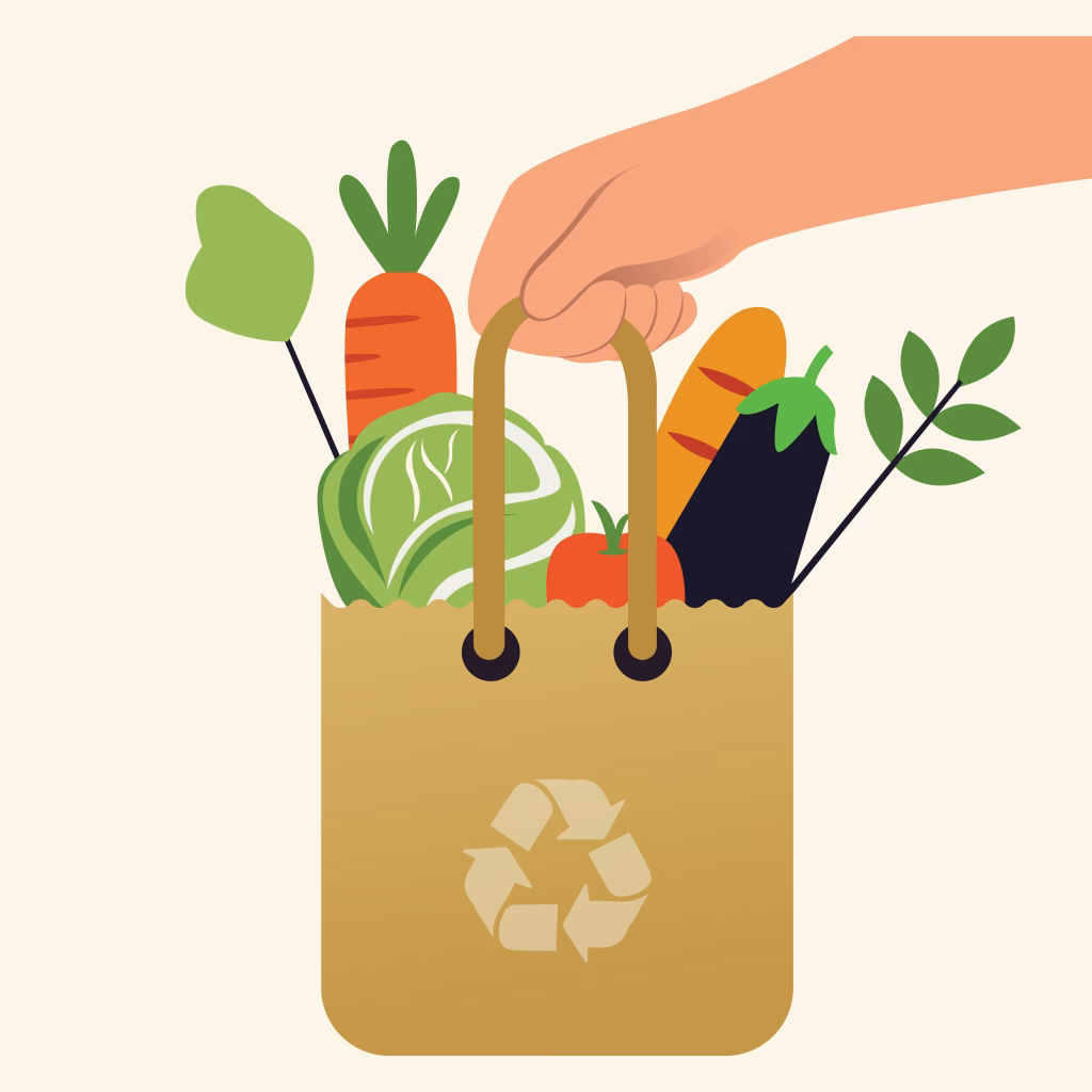 Illustration of a person holding a bag of groceries, by Gilang Fahmi on Unsplash.